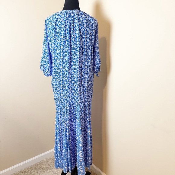 ZARA Blue/White BOHO FLORAL dotted MESH PRINTED MIDI DRESS sz XS - Picture 10 of 12